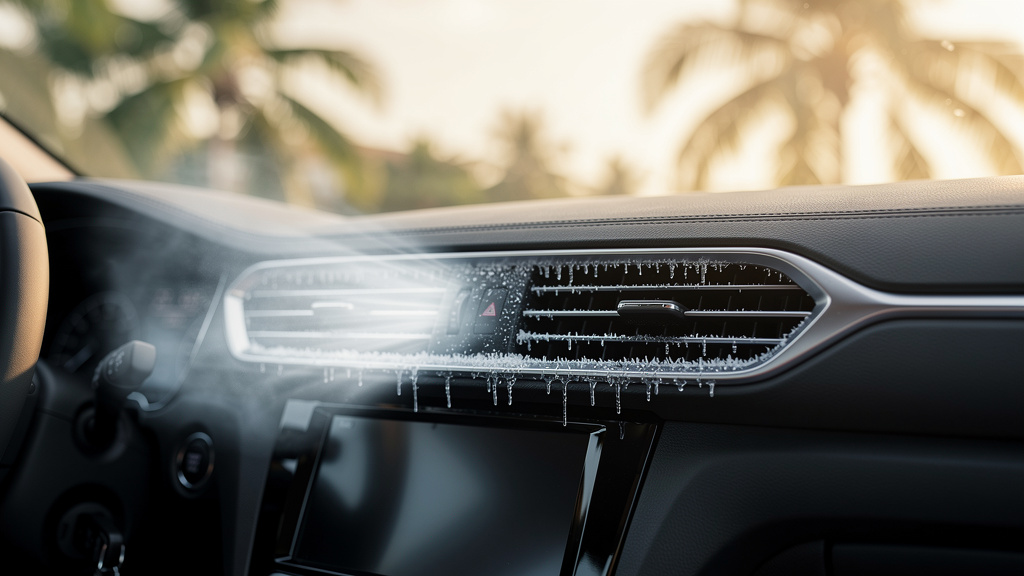 Car A/C vent with frost in Florida heat