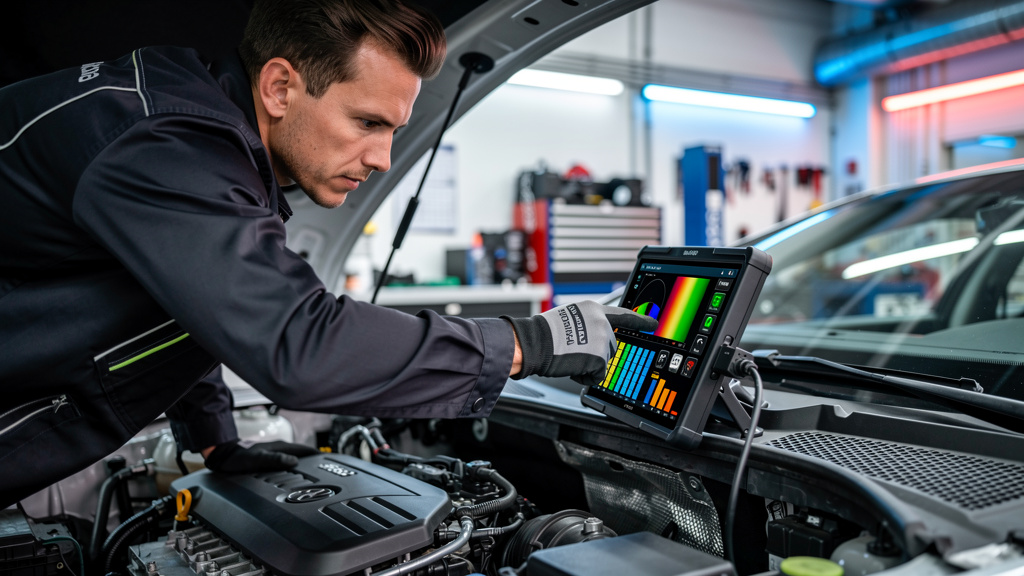 Mechanic using diagnostic scan tool on engine